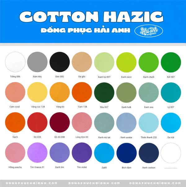 Bảng màu áo lớp chất vải Cotton Hazic